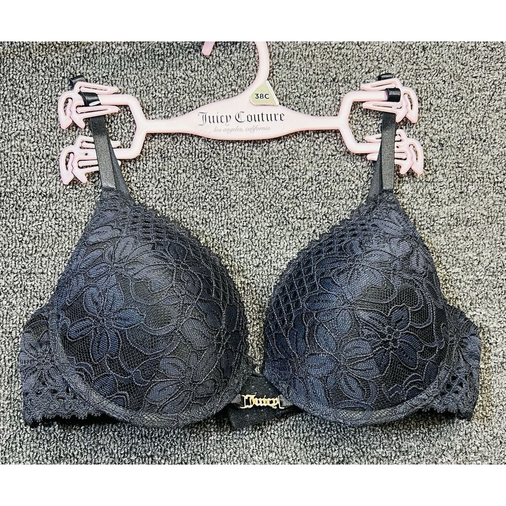 Juicy Couture Push Up Bra Womens 38C Black Floral Lace Sexy Wired Padded Gold